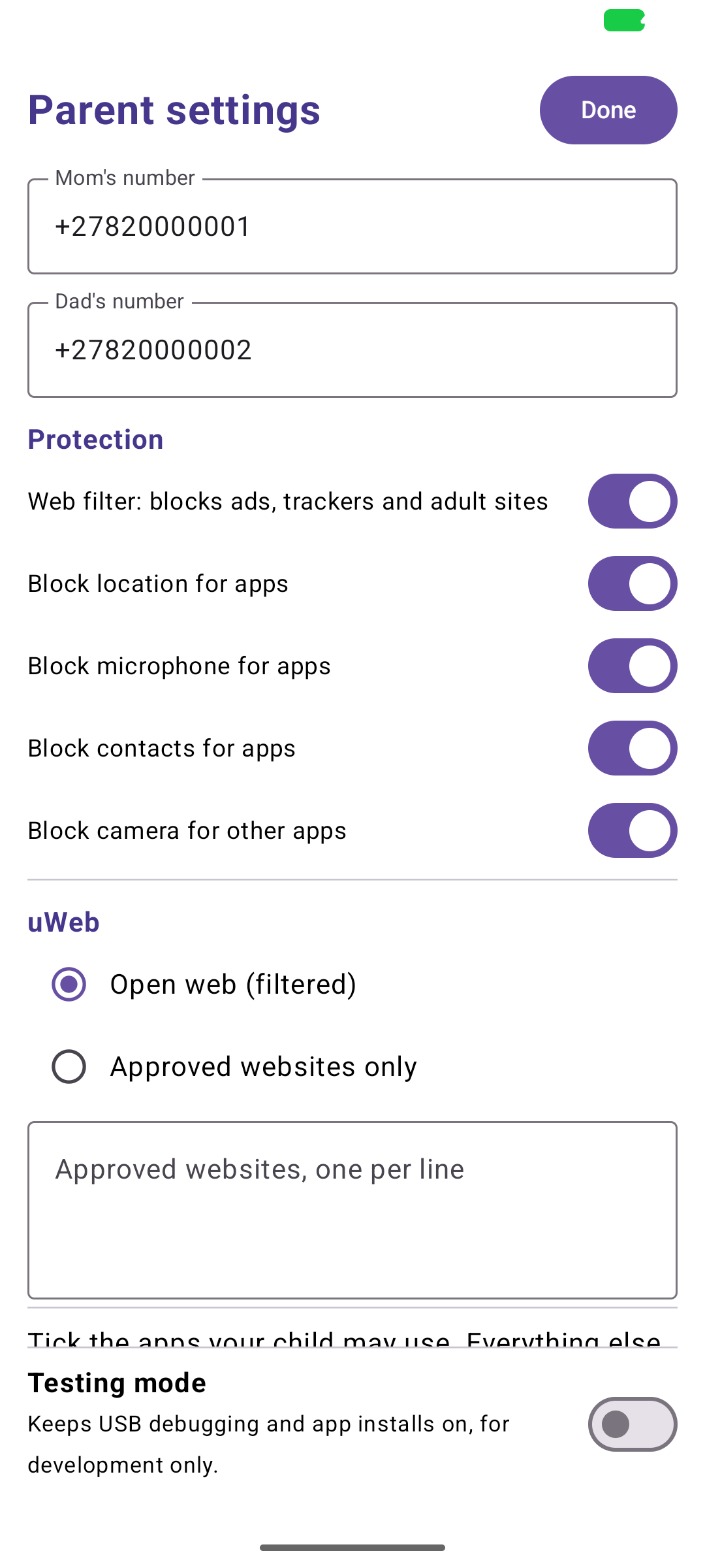 uPhone parent settings screen